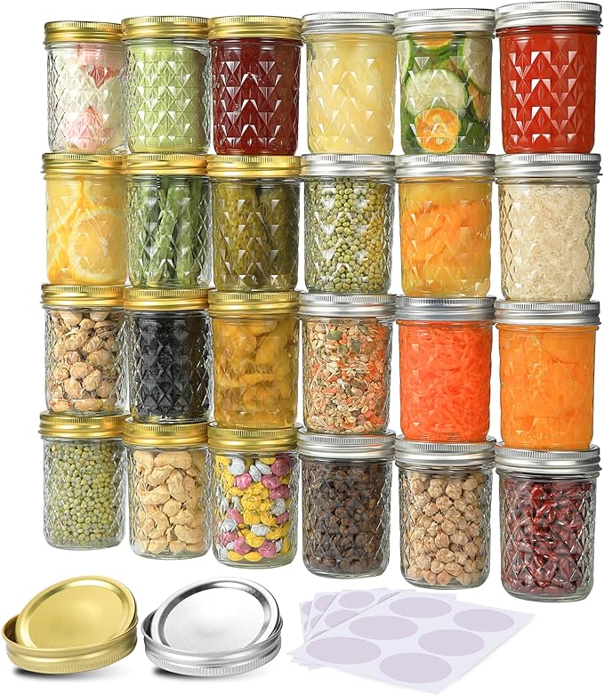 Mason Jars 8 oz, 24 Pack Canning Jars 8 oz Half Pint Glass jars with Regular Lids and Bands, Small Mason Jars with Lids Ideal for Jelly Jam Honey Wedding Favors Shower Favors Food