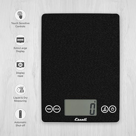 Escali Arti Glass Food Scale Digital Countertop Kitchen, Baking and Cooking Scale with Nutrition and Calorie Counter, 15-Pound Capacity, 9" x 6.5" x .75", Black