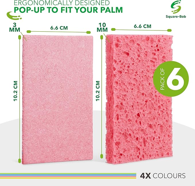 6 PCs Compressed Non-Scratch Kitchen Sponges - Highly Absorbent for Dishes, Countertop, Sink, Car - Biodegradable, Quick Drying Cellulose Sponges - Assorted Colors