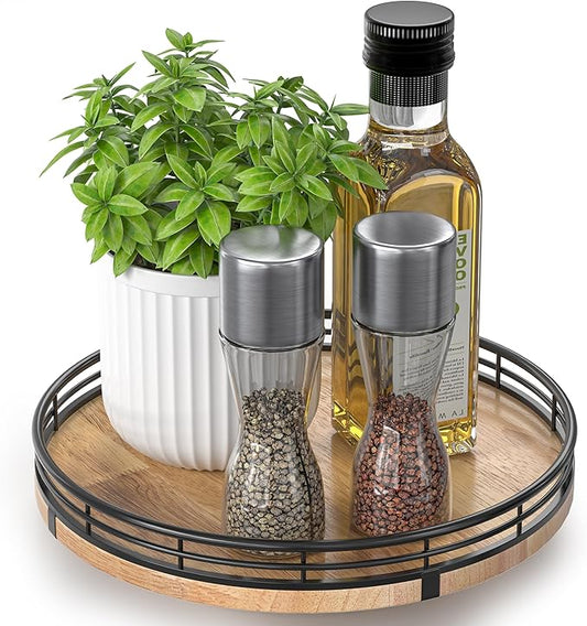 9" Oak Wood Lazy Susan Turntable Organizer for Cabinet, Round Wooden Farmhouse Lazy Susan Organization and Storage for Dining Table, Pantry, Kitchen, Countertop, Cupboard,Home Decor