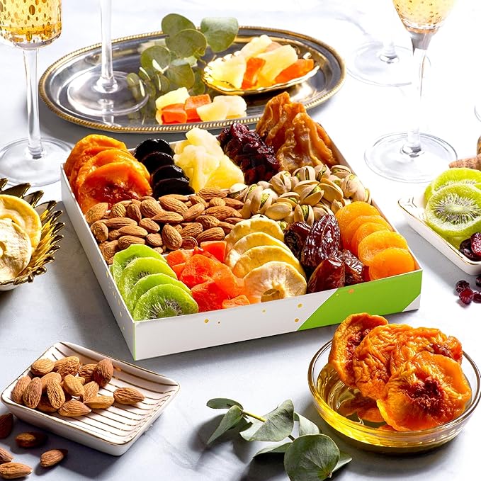 NUT CRAVINGS - Rosh Hashana & Shana Tova Dried Fruit & Mixed Nuts Gift Basket in White Gold Box (12 Assortments) Food Arrangement, Healthy Snack Care Package, Food Assortments