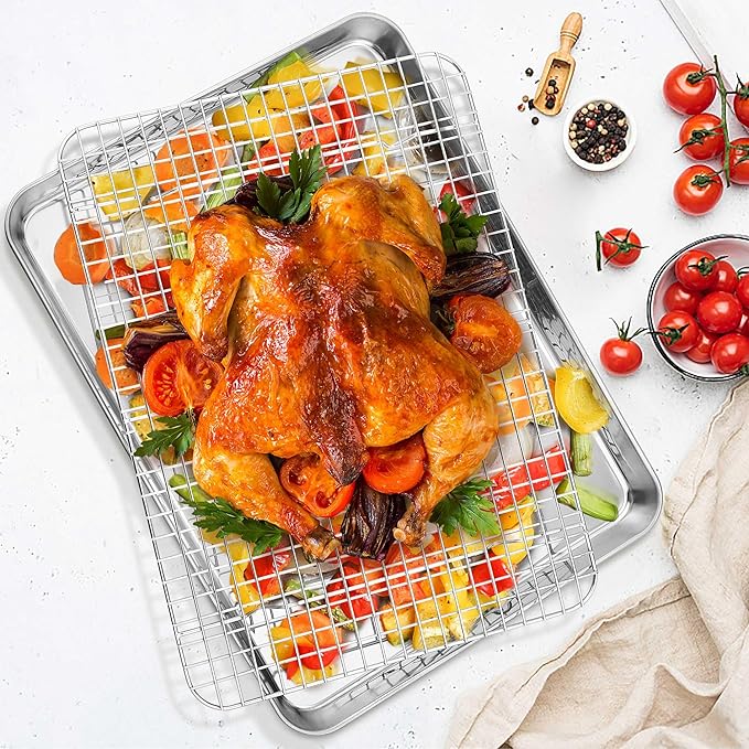 TeamFar Cookie Sheets with Cooling Racks, 17.6 x 13 x 1 Inch Stainless Steel Baking Pan with Grid Rack for Baking Roasting, Non-Toxic & Heavy Duty, Dishwasher Safe, 2 Pans with 2 Racks