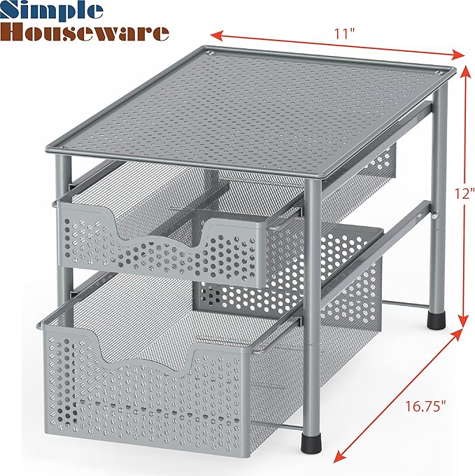 Simple Houseware Stackable 2 Tier Sliding Basket Organizer Drawer, Silver