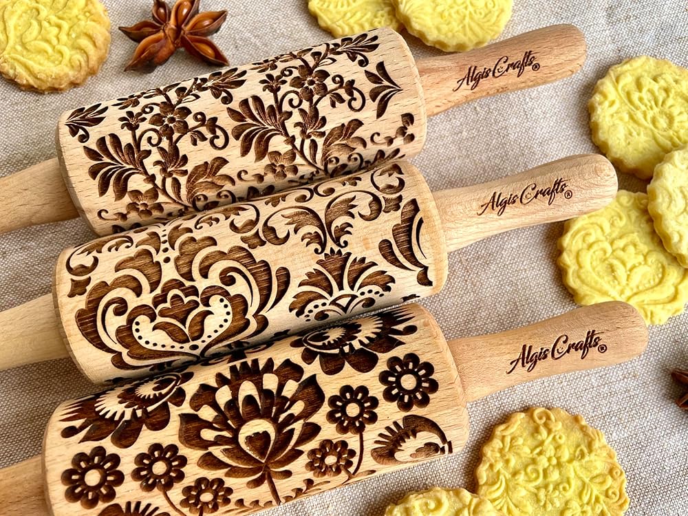 FLOWERS 3 Kid Rolling Pin Set with Damask, Folk and Floral Wreath Patterns. Wooden Laser Cut Mini Rolling Pins for Cookies, Play Dough, Salt Dough or Clay by Algis Crafts