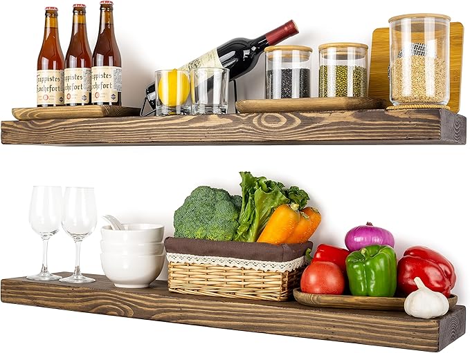 Distressed Floating Shelves 36 inch Long Set of 2,8 inch deep Solid Wood Wall Mounted Shelves for Living Room Kitchen,Book Shelf for Wall with Hidden Bracket- Distressed Black Walnut