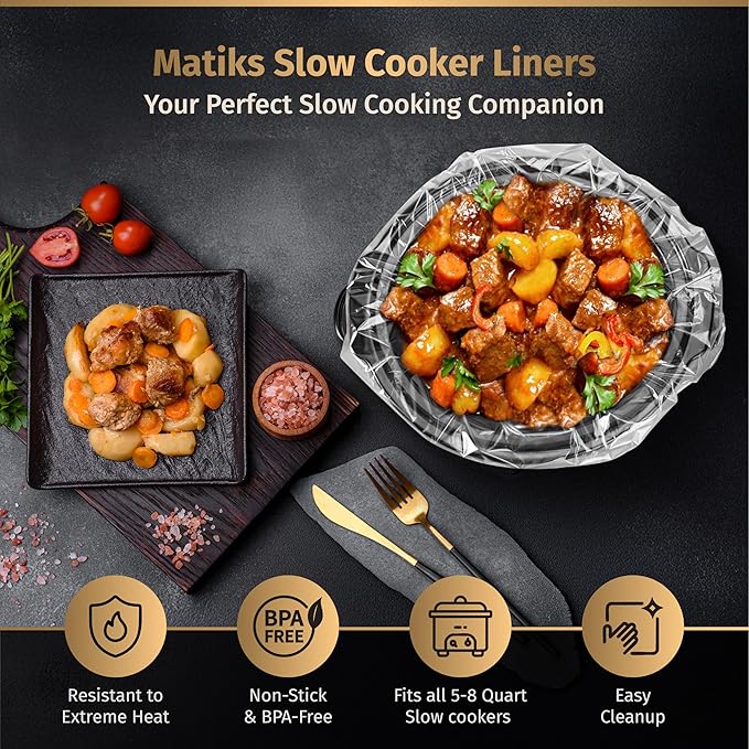 Matiks Slow Cooker Liners 3-8 Quart – Cooking Liner – Large Size 13" × 21" – Fit 3QT to 8.5QT Slow Cookers – Works for Oval & Round Pots – 30 Bags & Recipes Added – Compatible with Crock Pot
