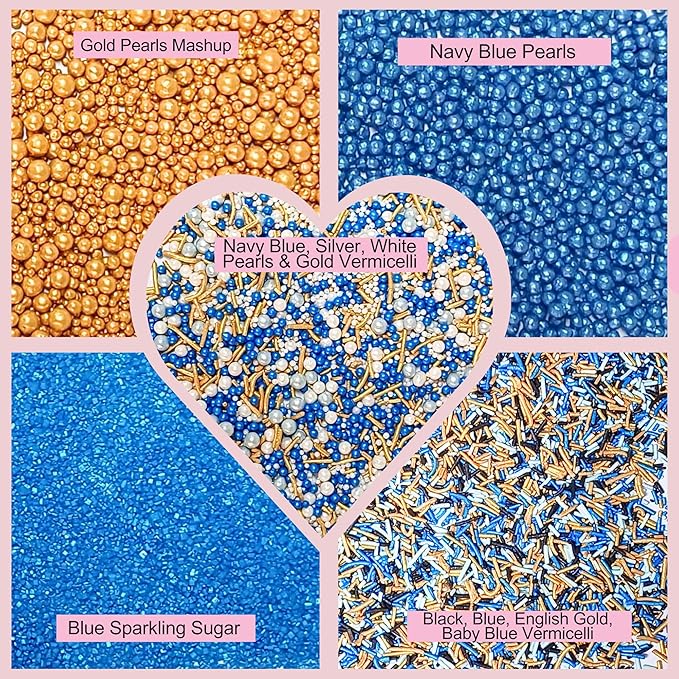 Confect Edible Sprinkles – Marine Royalty Theme – Assorted Pack with Navy Blue & Champagne Gold Dragees, Gold Jimmies & Bright Blue Sparkling Sugar – Sprinkles for Cake Decorating- Vegan, Gluten-Free, Nut-Free, Soy-Free, Dairy-Free, Palm Oil-Free-5 Oz