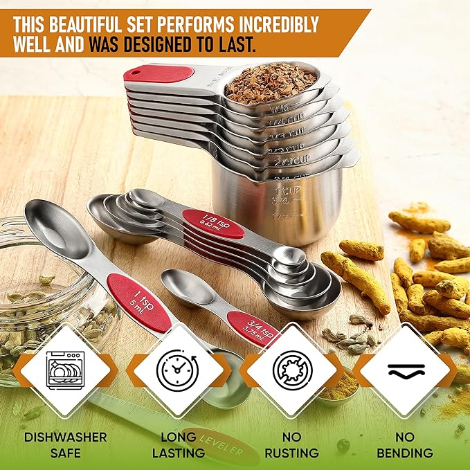 Spring Chef Magnetic Measuring Cups & Spoons Set (Patent Pending), Strong N45 Magnets, Heavy Duty Stainless Steel Fits in Spice Jars for Baking & Cooking, BPA Free, Round Set of 15 with Leveler, Red