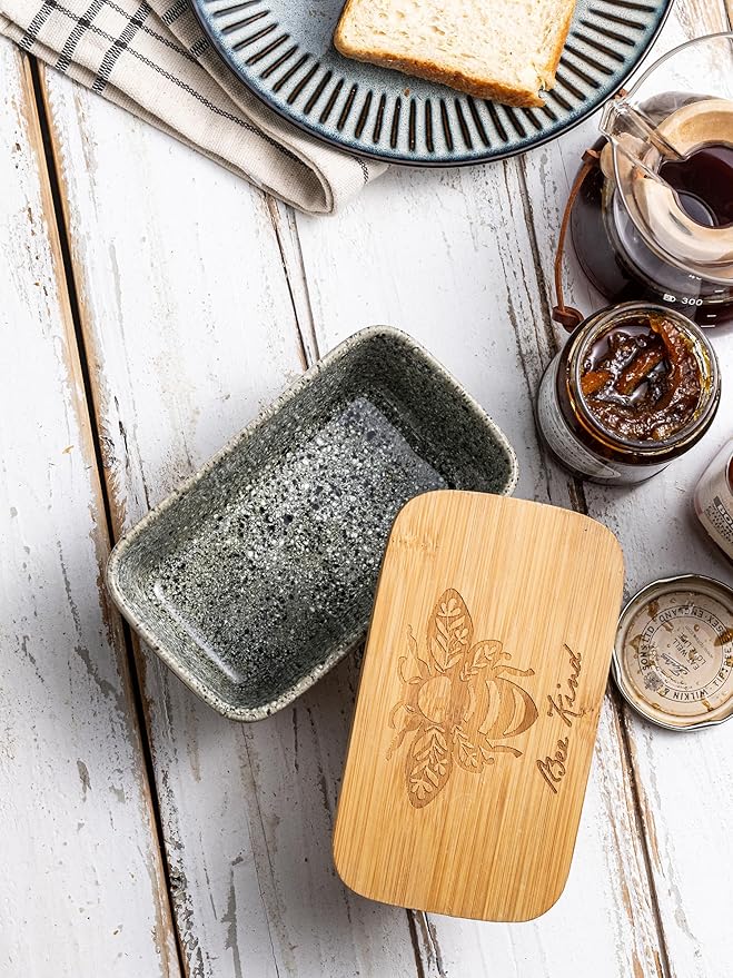 Ceramic Butter Dish with Lid, Covered Butter Dish for Countertop and Refrigerator, Large Butter Keeper Holder with Airtight Seal, HoneyBee Kitchen Decor, Gray