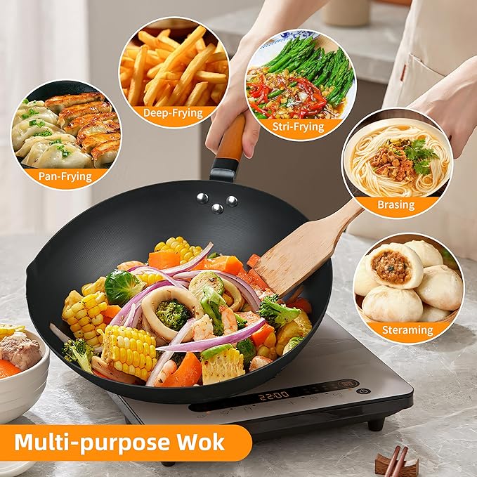 12.5-Inch Carbon Steel Wok with Lid – Pre-Seasoned Flat Bottom Stir-Fry Pan, Nonstick Wok for Induction, Gas, Electric & All Stovetops – Chinese Wok with Glass Lid