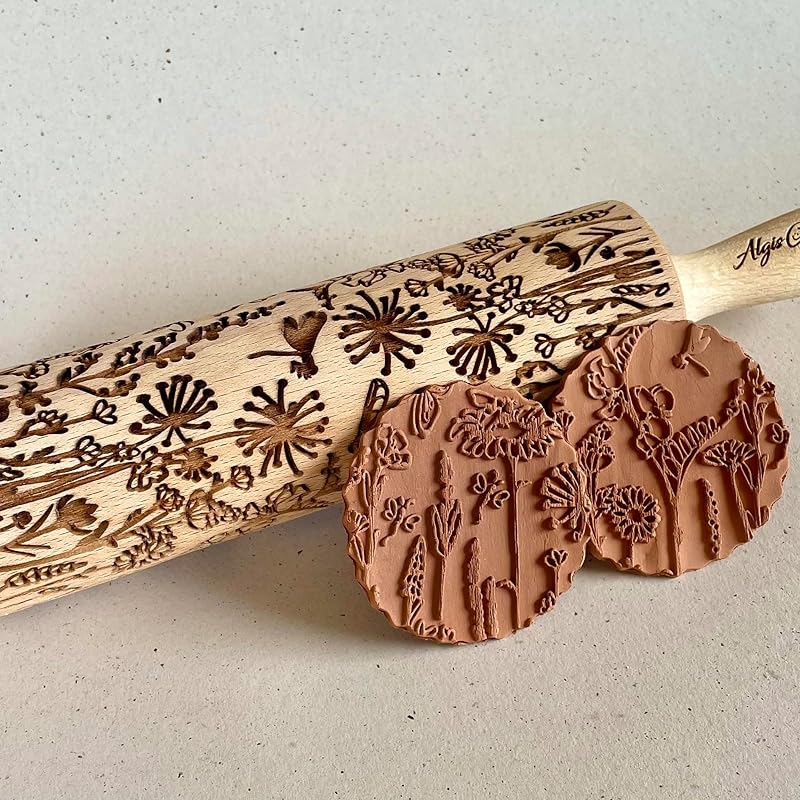 MEADOW Embossing Rolling Pin. Laser Engraved Rolling Pin for Pottery and Cookies by Algis Crafts