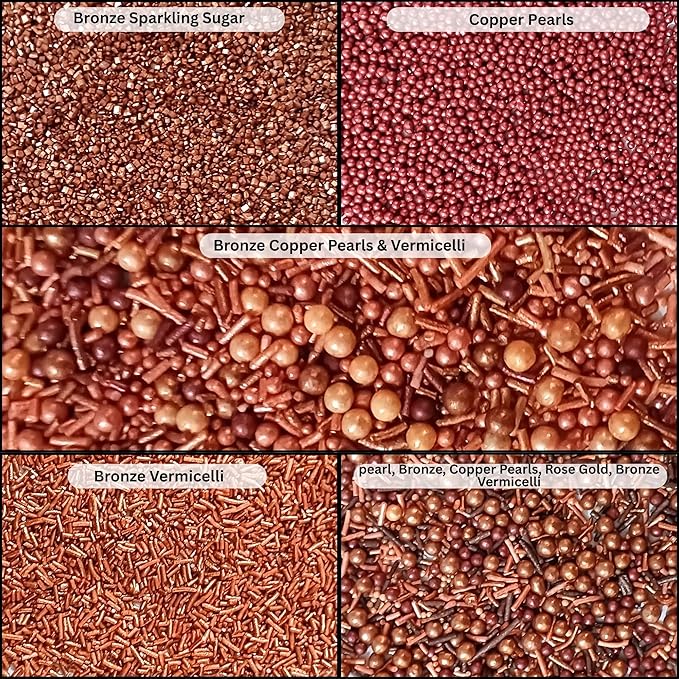Confect Metallic Sprinkles Mix –Edible Pearl Dragees in Copper, Bronze & Rose Gold – Jimmies & Sparkling Sugar – Elegant Sprinkles for Cake & Cupcake Decorating- Vegan, Gluten-Free, Nut-Free, Soy-Free, Dairy-Free, Palm Oil-Free- 5 Oz