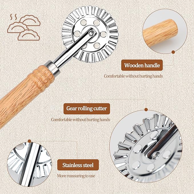 Long Handle Large Cutter Wheel - Exquisite Wooden Handle, Perfect for Pasta, Pizza, Ravioli, Cookie - Versatile Crinkle and Biscuit Cutter for Effortless Slicing