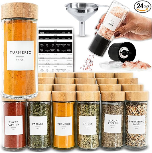 SAVVY & SORTED Glass Spice Jars with Label, 24PK Round Bamboo Jar Spices Set 4oz, 374 Spice Labels, Pepper Grinder, Empty Herb Seasoning Containers, Funnel and Shaker Lids