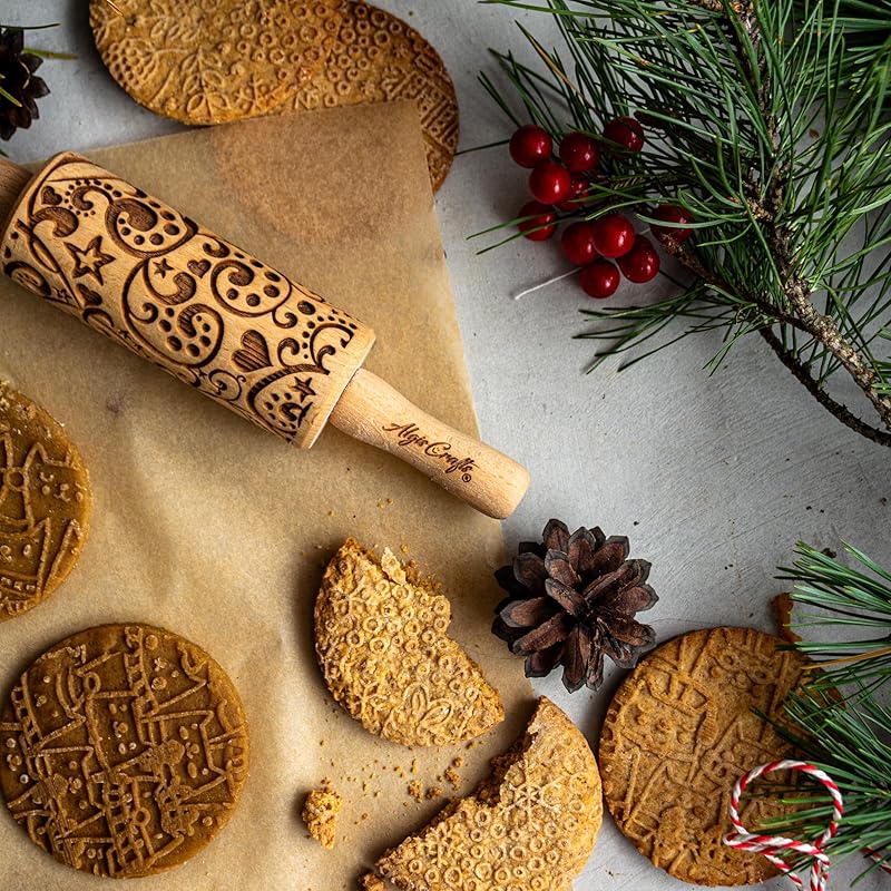 CHRISTMAS FEST 3 Mini Embossed Rolling Pin Set. Wooden Laser Engraved Textured rolling pins for Cookies, Modeline, Ceramic with Skulls, Bats, Halloween by Algis Crafts