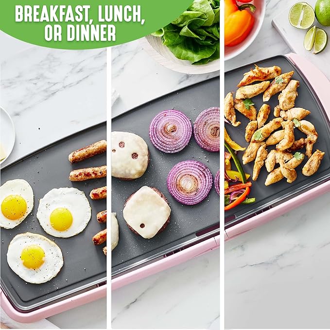 GreenLife 20” Extra Large Electric Griddle, Non-Toxic PFAS-Free Ceramic Nonstick, Temperature Control, Quick Even Heating, Removable Drip Tray, Pancakes, Eggs, Sausage, Easy Clean, Pink