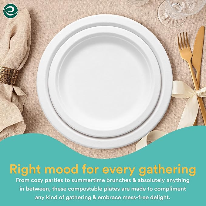 ECO SOUL Pearl White 9 Inch 400 [4x100 Pc] Paper Plates | 100% Compostable Disposable Bagasse I Heavy Duty Eco-Friendly Dinner Plates I Biodegradable Sugarcane Eco | Microwavable