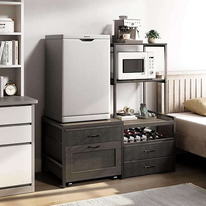Mini Fridge Stand with Wine Rack, Kitchen Bakers Rack with Power Outlet, Microwave Oven Stand, Coffee Bar, Movable Drawers, for Dorm,Office, Black HB04BXB