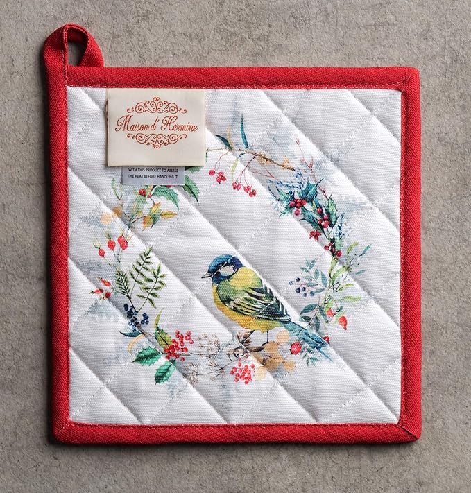 Maison d' Hermine Pot Holders 100% Cotton Heat Resistant Potholders 8" x 8" Hot Pads with Loop BBQ, Cooking, Baking, Grilling, Kitchen, Handling Hot Pans (Pack of 1, Morzine)