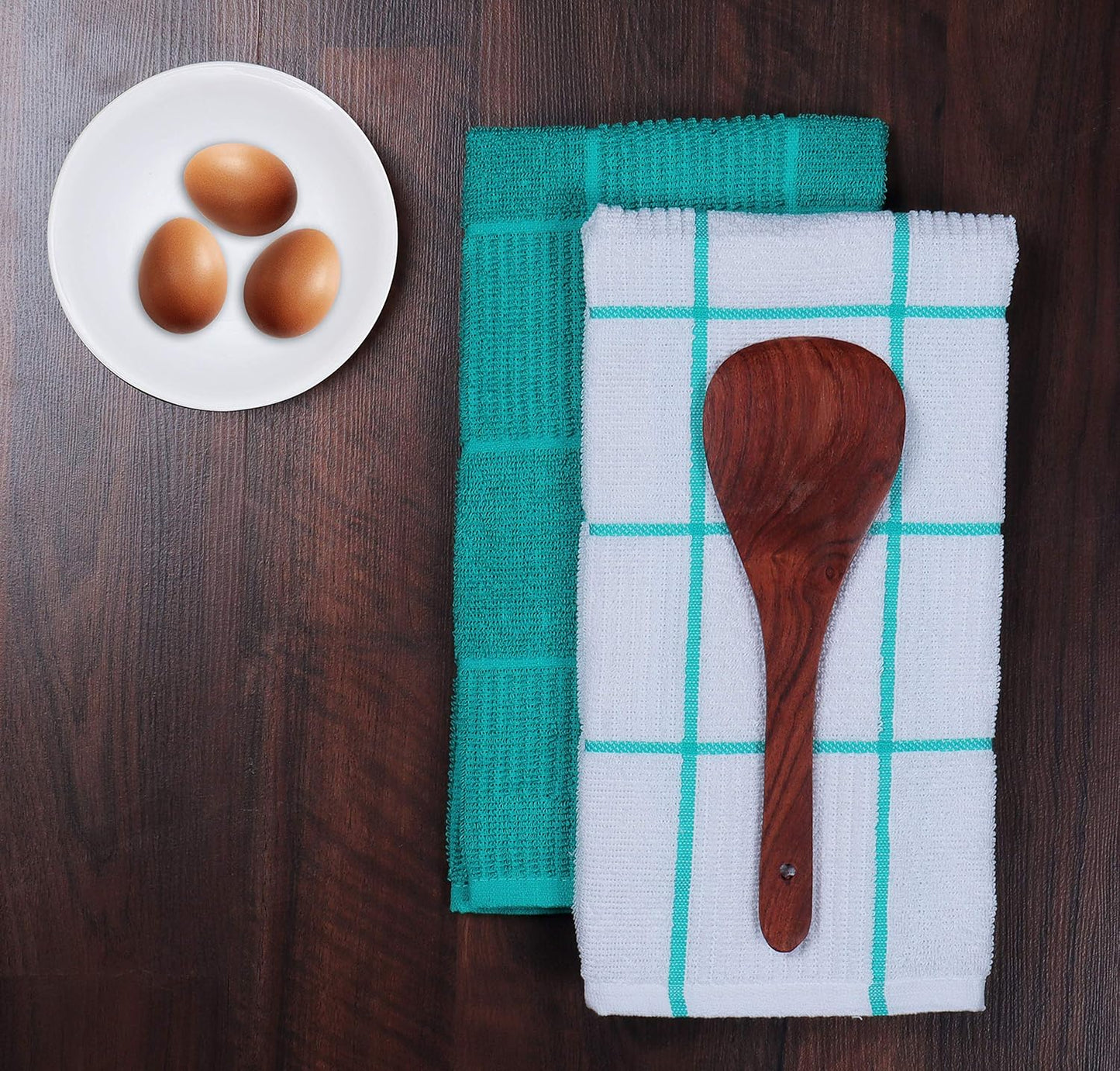 AMOUR INFINI Kitchen Towels Pack of 4 Absorbent, Quick Drying Premium Terry Cotton Dish Towel with Hanging Loop 16x28 Inch Hand & Tea Towels (Teal)