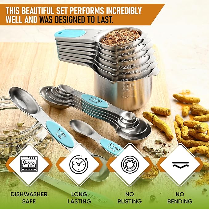 Spring Chef Magnetic Measuring Cups & Spoons Set (Patent Pending), Strong Magnets, Heavy Duty Stainless Steel Fits in Spice Jars for Baking & Cooking, BPA Free, Round Set of 15 with Leveler, Aqua Sky