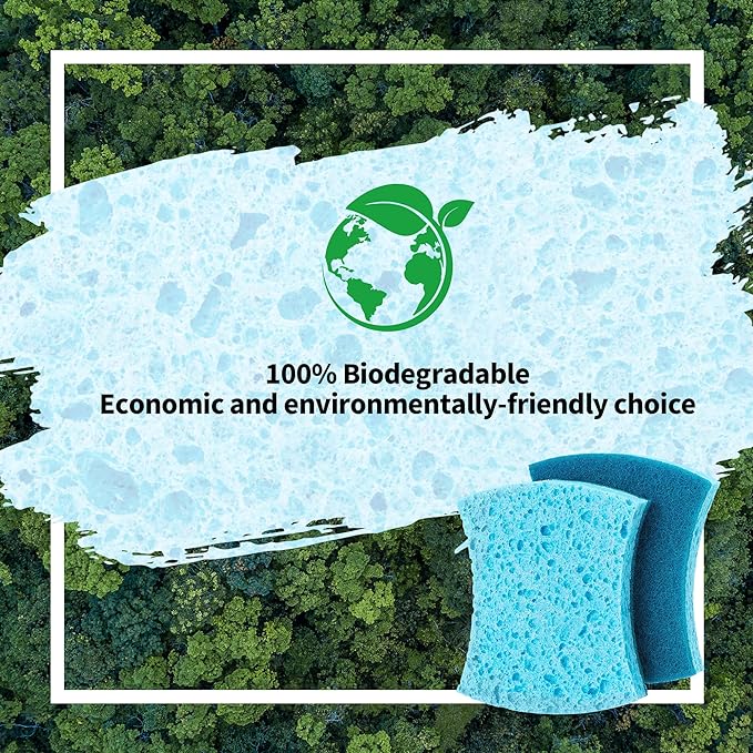 HOMERHYME Non-Scratch Cellulose Scrub Sponges 12 Pack, Sponges Kitchen with Double-Side & Ergonomic Design for Dishes, Coated Cookware, Sink & Countertops.