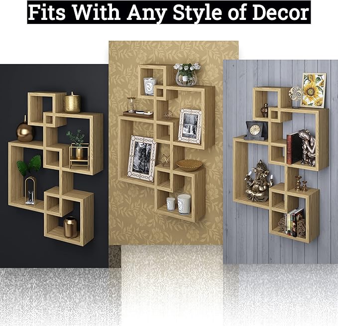 Greenco 4 Cube Intersecting Shelves, Easy-to-Assemble Floating Wall Mount Shelves for Bedrooms and Living Rooms, Natural Finish