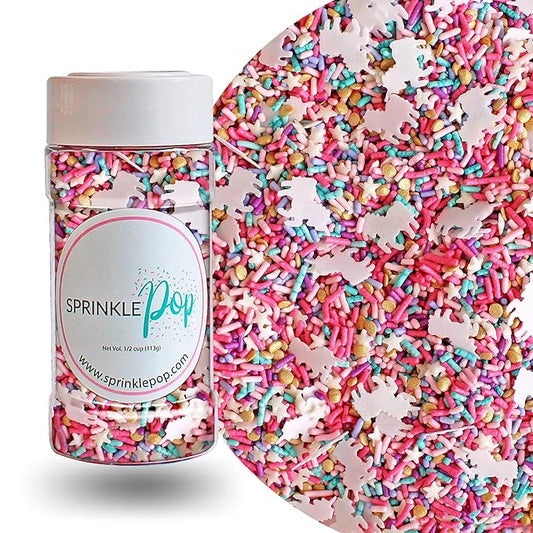 Sprinkle Pop Party Like A Unicorn Sprinkle Mix| Rainbow Sprinkles Heavy on Pink Gold Jimmies with ~20 Unicorn Wafer Papers| Birthday Sprinkles Made in USA for Decorating Cake Cupcakes Cookie, 4oz