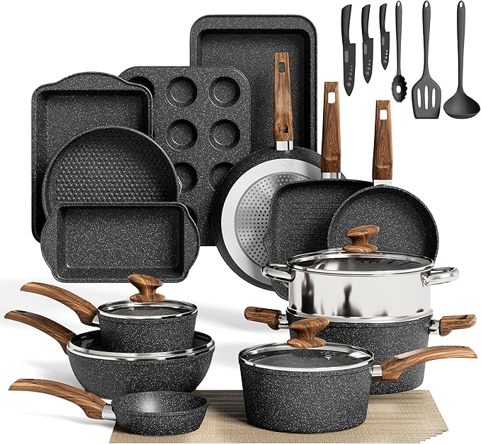 MAISON ARTS Pots and Pans Set Non Stick, 30 Piece Kitchen Cookware & Bakeware Sets with Granite Coating, Pots and Pans Sets for Cooking Nonstick, Black