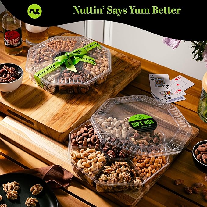 NUT CRAVINGS - Mixed Nuts Gift Basket + Green Ribbon (7 Assortments, 2.2 LB) Food Arrangement, Healthy Snack Care Package, Food Assortments