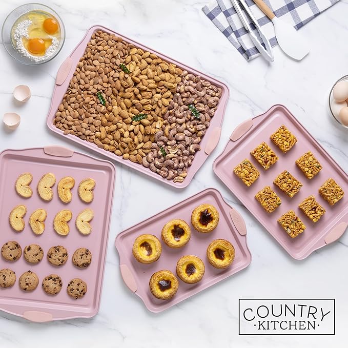 Country Kitchen Nonstick Stackable Bakeware Set - Heavy Duty, Durable, Easy Release Baking Set, Pink, 4 Pcs