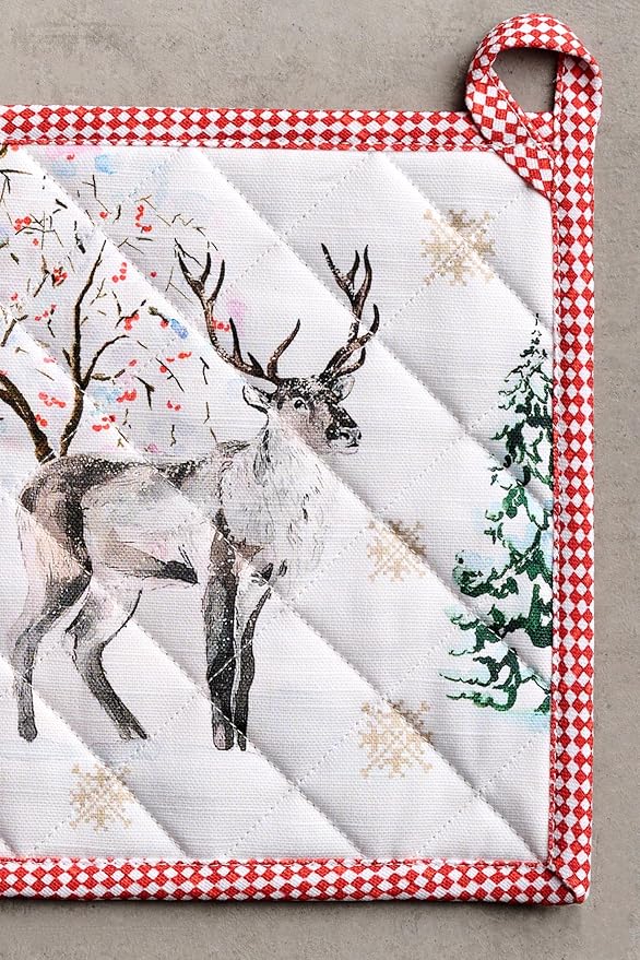 Maison d' Hermine Pot Holders 100% Cotton Heat Resistant Potholders 8" x 8" Hot Pads with Loop BBQ, Cooking, Baking, Grilling, Kitchen, Handling Hot Pans (Pack of 1, Rural Christmas)