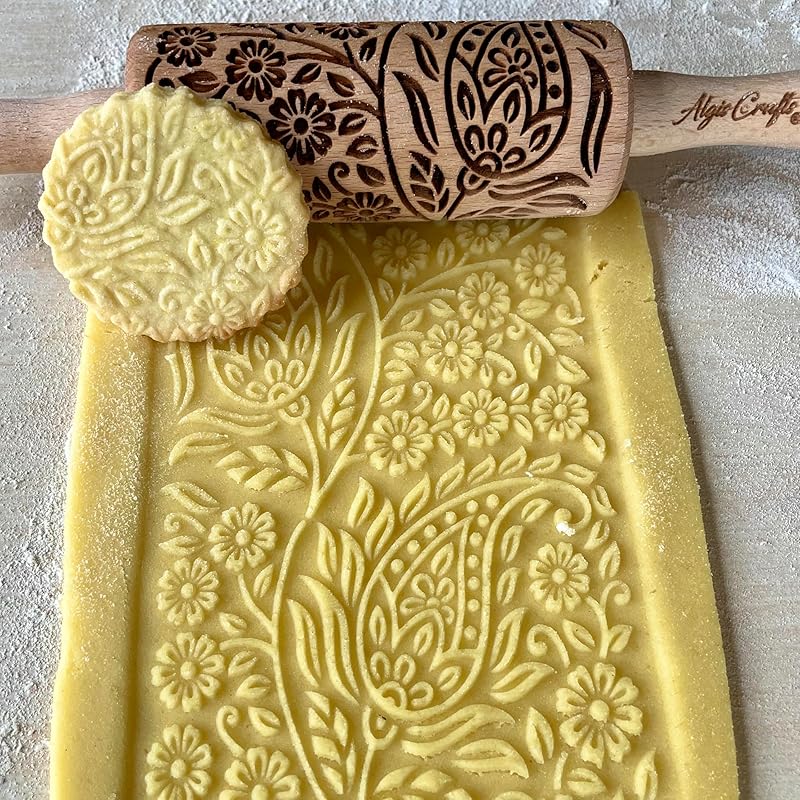 FLORET 3 Kid Rolling Pin Set with Lotus, Kashmir, Paisley, Flowering Vine, Lily Flowers Patterns. Wooden Laser Cut Mini Rolling Pins for Cookies, Play Dough, Salt Dough or Clay by Algis Crafts