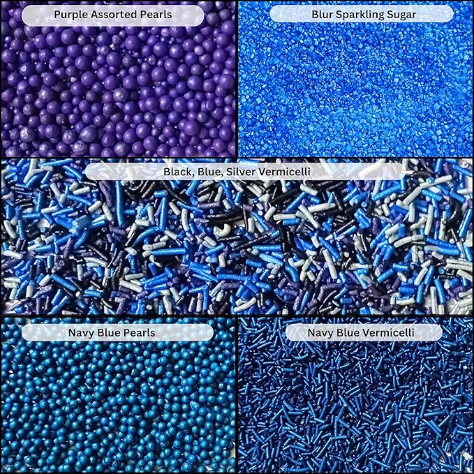 Confect Edible Cake Sprinkles – Decorating Mix | Navy & Blue Purple Pearls, Silver & Black Jimmies, Blue Sparkling Sugar | Sprinkles for Cake, Cupcake & Cookie Decoration - Vegan, Gluten-Free, Nut-Free, Soy-Free, Dairy-Free, Palm Oil-Free-5 Oz