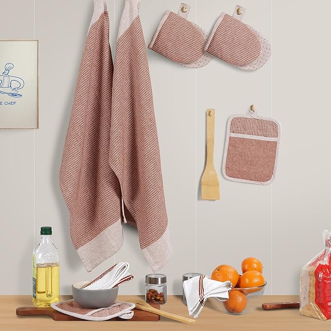 Casa Platino Potholders for Kitchens, 8-Piece – 500°F Heat Resistant Oven Mitts and Pot Holders, Mini Oven Mitts with Silicone Grip, 2 Kitchen Towels & 2 Dish Cloths – Durable & Non-Slip – Canyon Rose