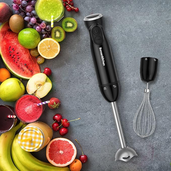 Bonsenkitchen Immersion Blender Handheld, 12-Speed and Turbo Hand Blender Electric with Sharp Blades, 3-In-1 Hand Held Stick Mixer with Egg Whisk, 24oz Beaker for Soups, Smoothies, Sauce