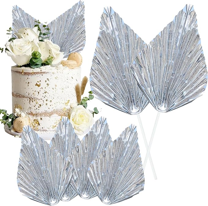Gyufise 6Pcs Paper Palm Fan Cake Topper Palm Leaf Fan Cake Pick for DIY Bakeware Craft Project Home Made Wedding Bridal Shower Birthday Anniversary Party Cake Decorations Supplies Metallic Silver
