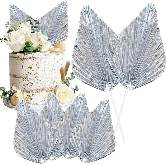 Gyufise 6Pcs Paper Palm Fan Cake Topper Palm Leaf Fan Cake Pick for DIY Bakeware Craft Project Home Made Wedding Bridal Shower Birthday Anniversary Party Cake Decorations Supplies Metallic Silver
