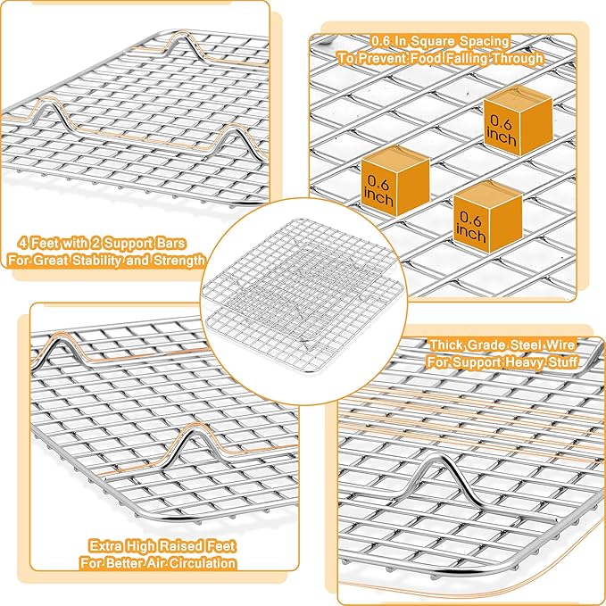 TeamFar Baking Pan with Rack Set (2 Pans + 2 Racks), Stainless Steel Cookies Sheet Baking Tray Pan with Grid Cooling Rack for Toaster Oven, Healthy & Heavy-Duty, Dishwasher Safe, 12.5 x 10 x 1 Inch