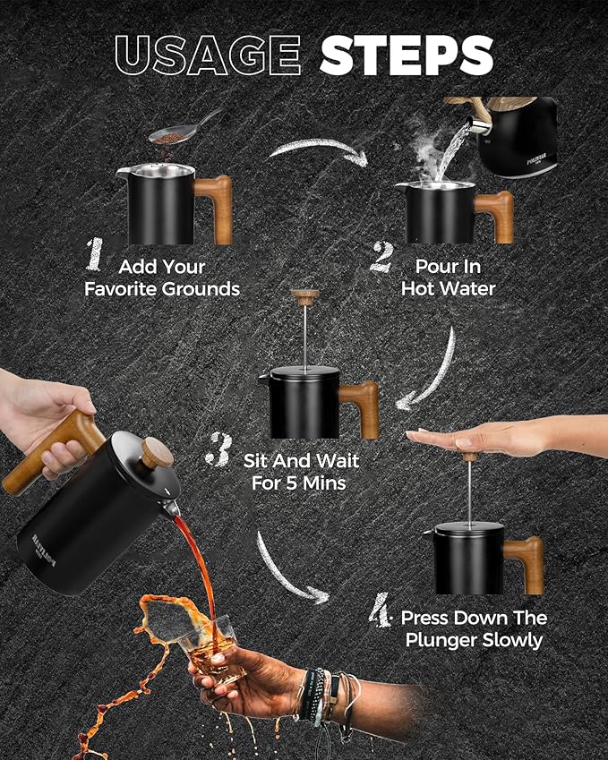 POLIVIAR French Press Coffee Maker, 21 oz Coffee Press with Real Wood Handle, Double Wall Insulation & Dual-Filter Screen, Food Grade Stainless Steel for Good Coffe and Tea, JX2024-SFPB