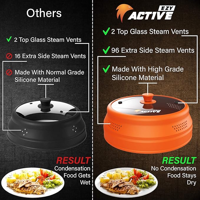 Collapsible Microwave Cover for Food - Silicone and Glass Splatter Guard Lid for 6-12 inch Plates & Bowls, Dishwasher Safe, Heat Resistant, BPA-Free, Orange