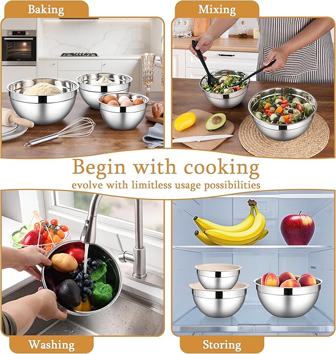 LIANYU Mixing Bowls with Airtight Lids Sets, 3 Packs Stainless Steel Metal Mixing Bowls, Ideal for Prepping, Cooking, Storage, Serving, Freezer & Dishwasher Safe, Khaki