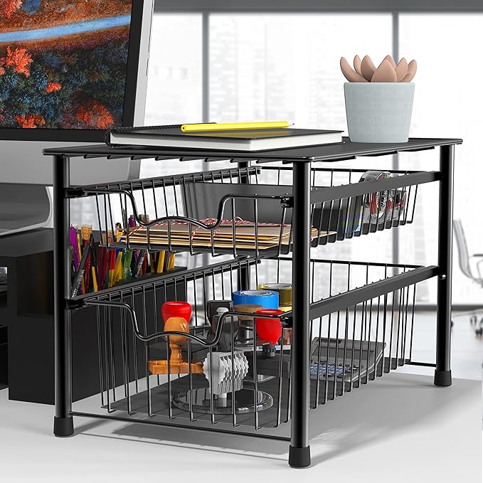 Simple Houseware Stackable 2 Tier Basket Drawer, Black