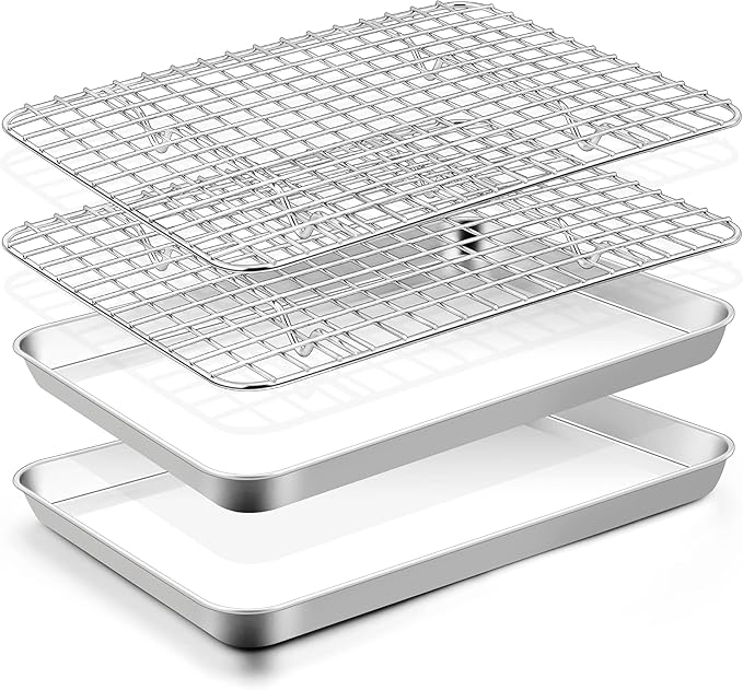 TeamFar Toaster Oven Pan with Rack Set, 10.5 x 8 x 1 Inch Stainless Steel Small Baking Pan Tray with Grid Rack for Baking Roasting Cooling, Non-Toxic & Heavy-Duty, Dishwasher Safe, (2 Pans + 2 Racks)