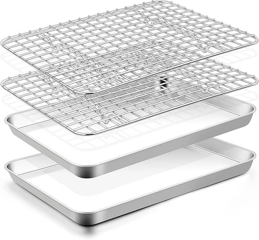TeamFar Toaster Oven Pan with Rack Set, 10.5 x 8 x 1 Inch Stainless Steel Small Baking Pan Tray with Grid Rack for Baking Roasting Cooling, Non-Toxic & Heavy-Duty, Dishwasher Safe, (2 Pans + 2 Racks)