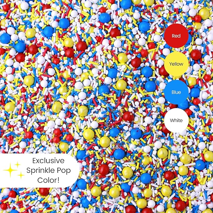 Sprinkle Pop Crash! Boom! Pow! Sprinkle Mix| Red Yellow Blue White Sprinkles| Superhero Cartoon Comic Book Themed Birthday Sprinkles Made in USA for Decorating Cupcakes Cakes Cookies Ice Cream, 2oz