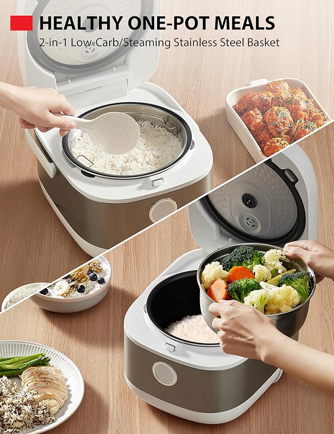 TOSHIBA Induction Heating Rice Cooker - Low Carb, Low Sugar, Digital Steamer, 5.5 Cups (Uncooked), 8 Cooking Functions, 24H Timer & Auto Keep Warm, Silvery white