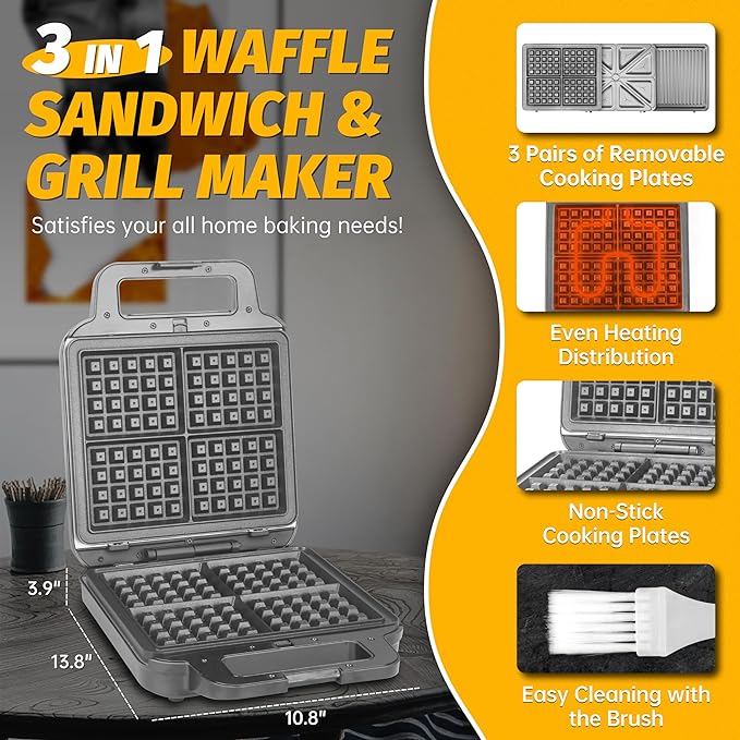 Belgian Waffle Maker with Removable Plates, Waflera Electrica, Large Waffle Iron, 3 in 1 Panini Grill Press Breakfast Sandwich Maker, Electric Griddle, Grilled Cheese Maker, Breakfast Station