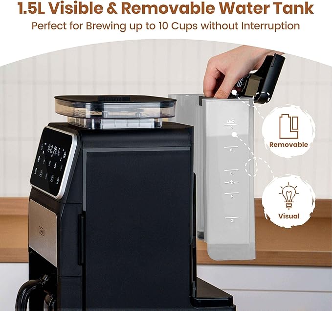 Gevi 10-Cup Grind & Brew Coffee Maker with Built-in Burr Grinder – Programmable Touch Screen, 4-Hour Keep Warm, Permanent Filter, Drip Coffee Machine for Home & Office