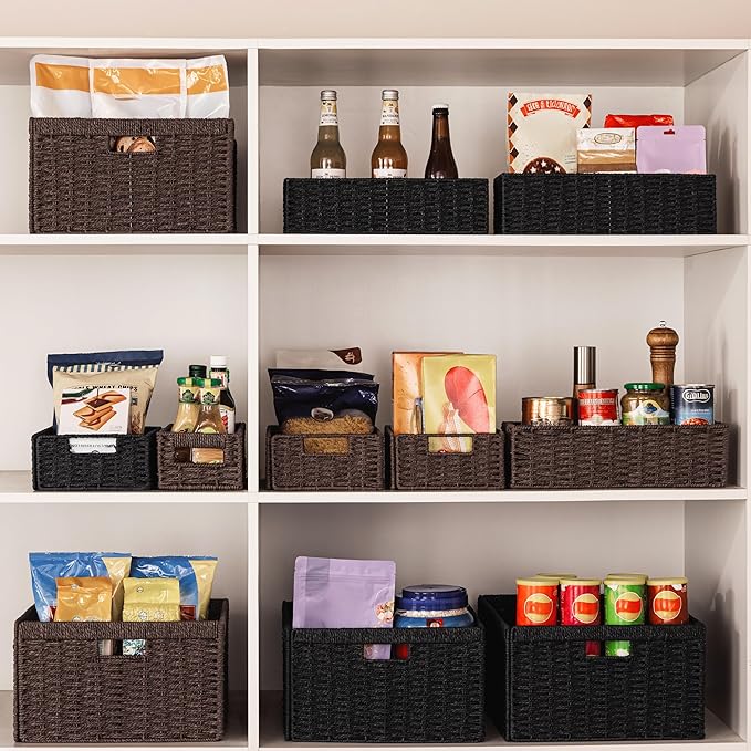 UBBCARE 2 Pack Wicker Basket, 16.5L×13H×7.5W inch Woven Paper Rope Storage Baskets for shelves, Foldable Rectangular Storage Baskets with Handle, Storage Basket for Organizing, Dark Brown